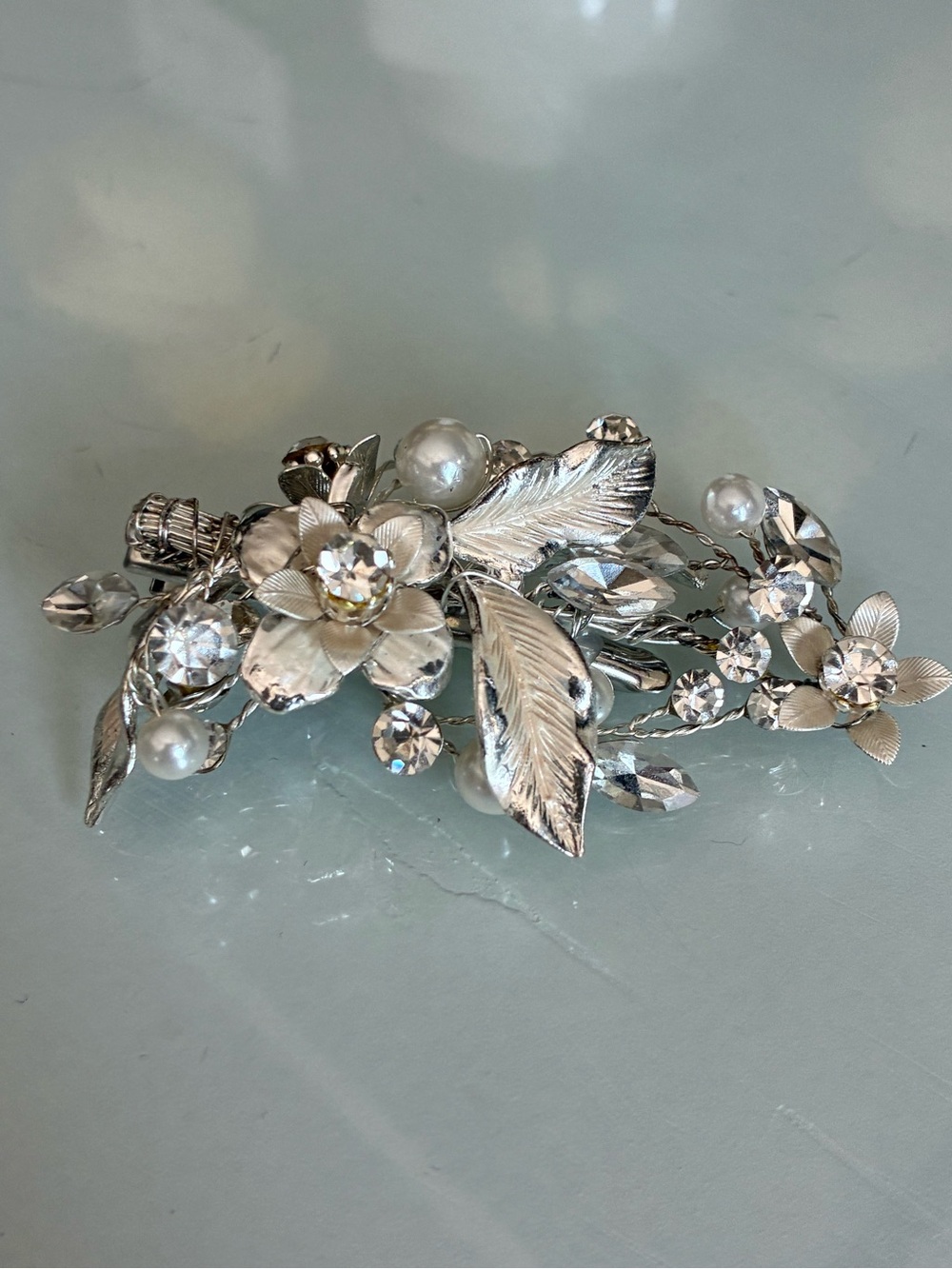Silver Floral Crystal & Pearl Hair Clip